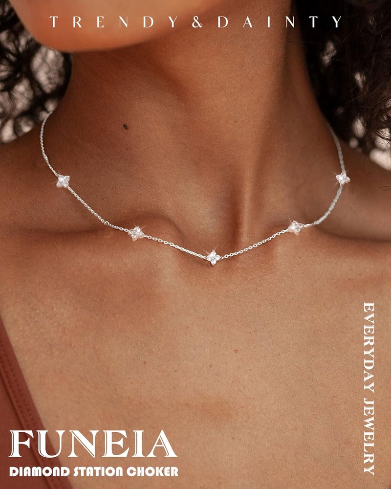FUNEIA Dainty Silver Gold Necklaces for Women Trendy Non Tarnish 14K Gold Plated Cubic Zirconia Necklace Layered Cute Butterfly Heart Station Choker Necklace Stack for Wedding Prom Brides Jewelry - Image 2